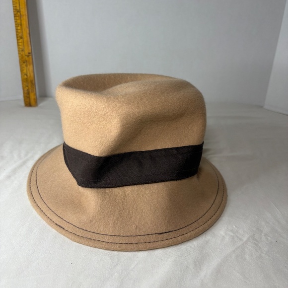 Vintage 100% Wool Doeskin Felt Hat Tan/Brown with Ribbon +Bow - Picture 7 of 9